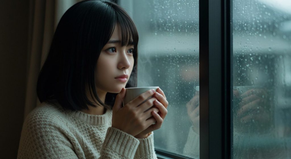 窓の外の雨を眺めながら、少し物憂げな表情でマグカップを持つ日本人の若い女性