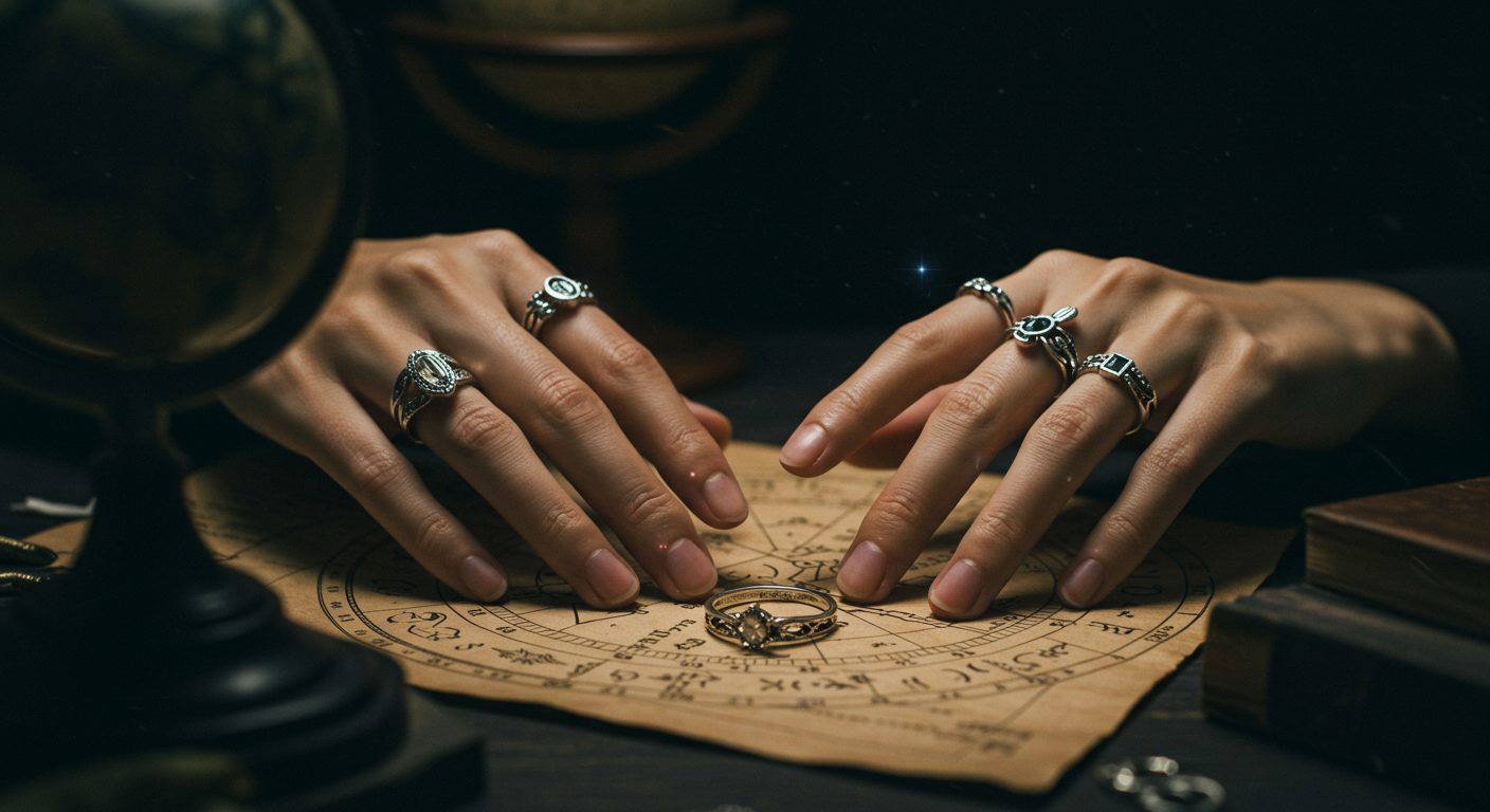 指輪を着ける指の意味を解き明かす、神秘的な雰囲気の書斎と女性の手元
