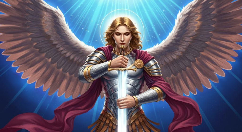 力強くも優しい表情で、輝く剣を掲げる大天使ミカエルのイラスト。背景は青く清らかな光が広がっている。