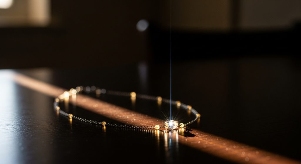 暗い部屋の中で、一筋の光を受けて優しく輝くネックレス