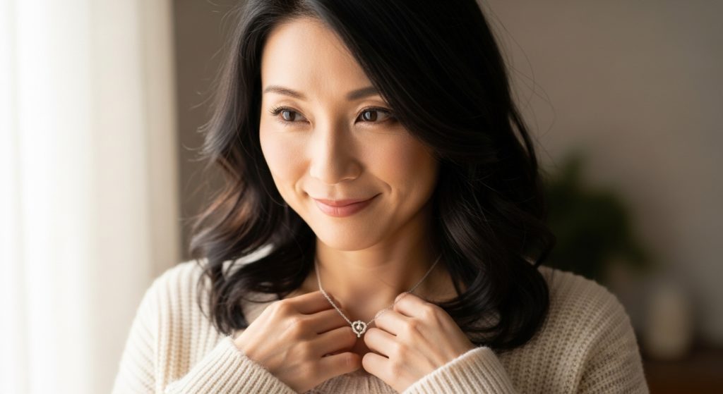優しい笑顔の日本人女性が、胸元のネックレスをそっと握りしめている様子
