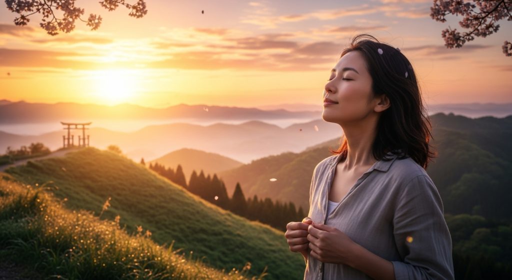 朝日が昇る美しい自然の中で、穏やかな表情で深呼吸をする日本人の女性