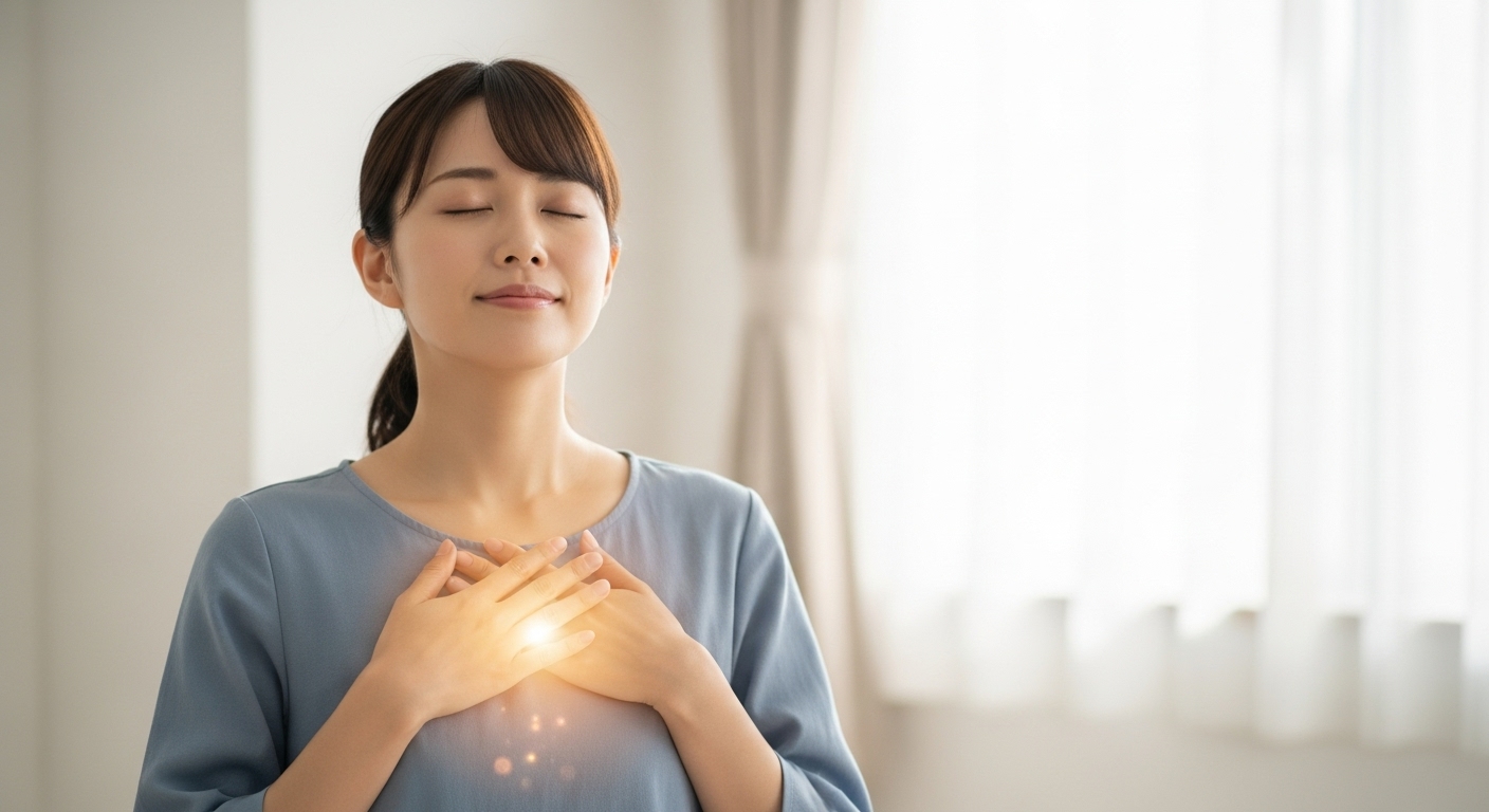 原因不明の胸の痛みのスピリチュアルな意味を知り、穏やかな表情で胸に手を当てる女性