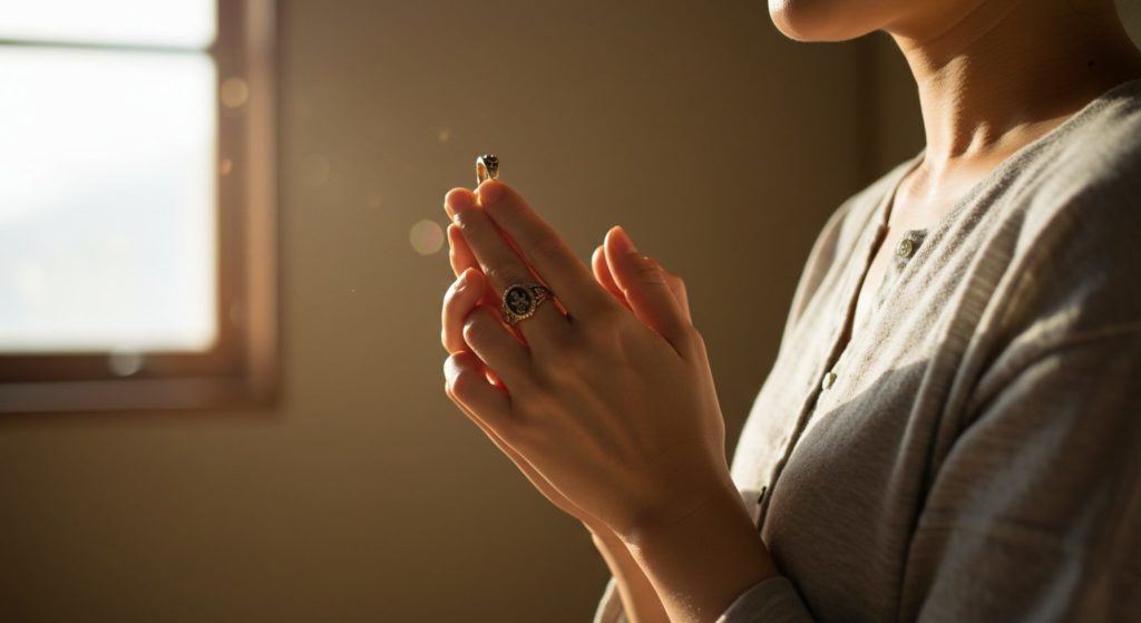 大天使ミカエルの指輪を手に、自分自身の浄化を祈る女性