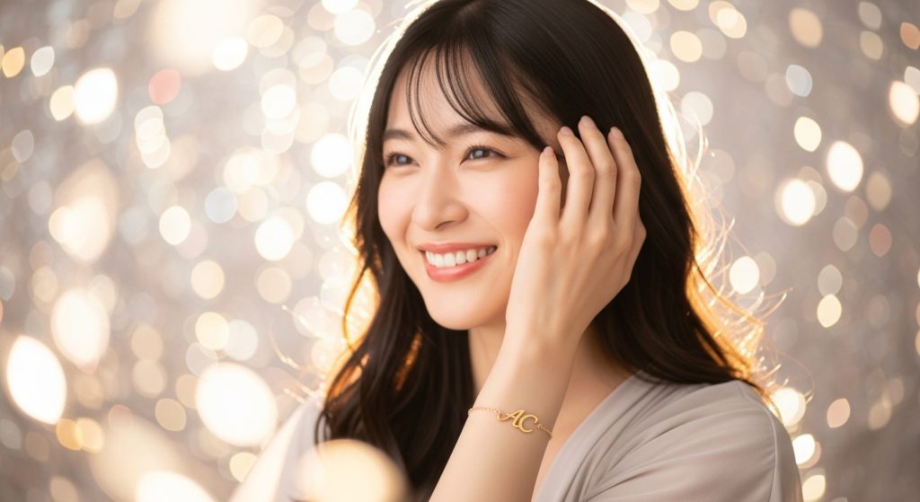 大天使チャミュエルのブレスレットを身につけ幸せな未来を予感する女性