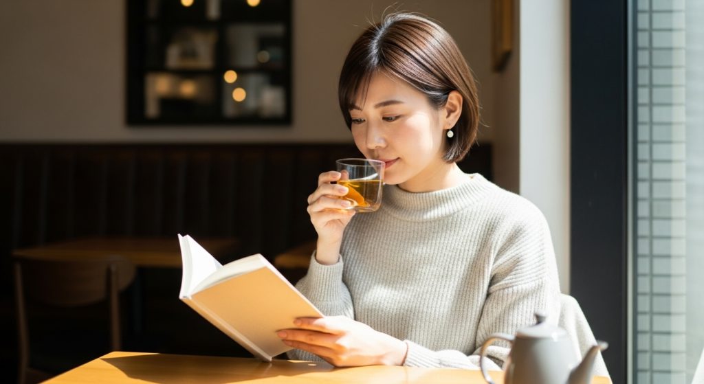 カフェの窓際で、自分自身と向き合う時間を楽しむ、穏やかな表情の30代女性