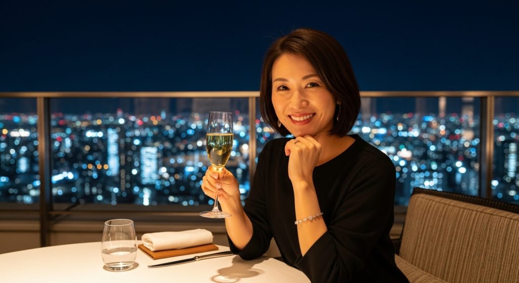 仕事も恋も手に入れ、シャンパングラスを片手に微笑む、自信に満ち溢れた日本人女性