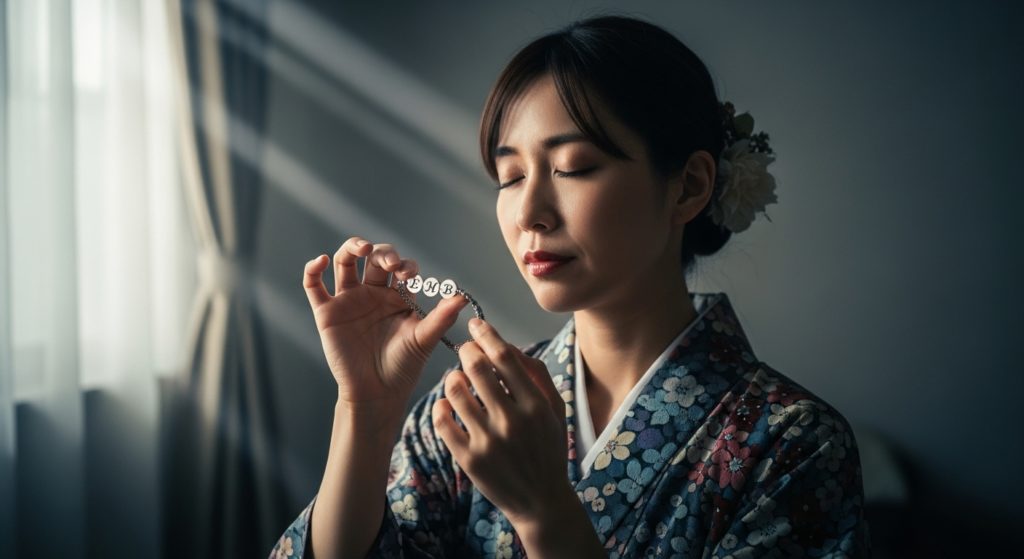 彼のイニシャルが刻まれたブレスレットを握りしめ、真剣な表情で願いを込める女性