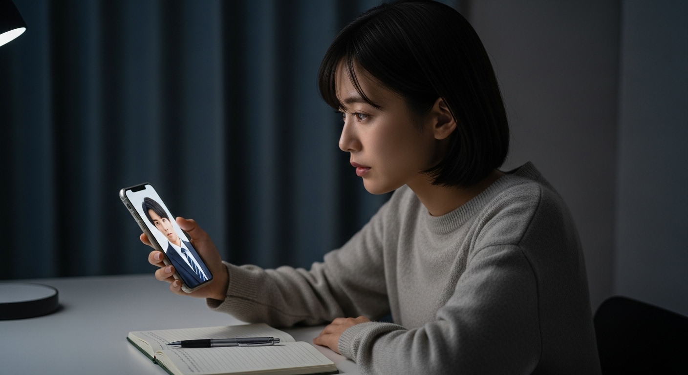 好きな人の写真をスマホで見つめ、彼を振り向かせるための行動を決意した女性