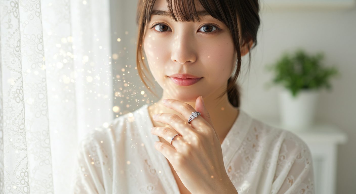 窓からの光の中で輝く大天使ミカエルのエナジーリングをつけた日本人女性