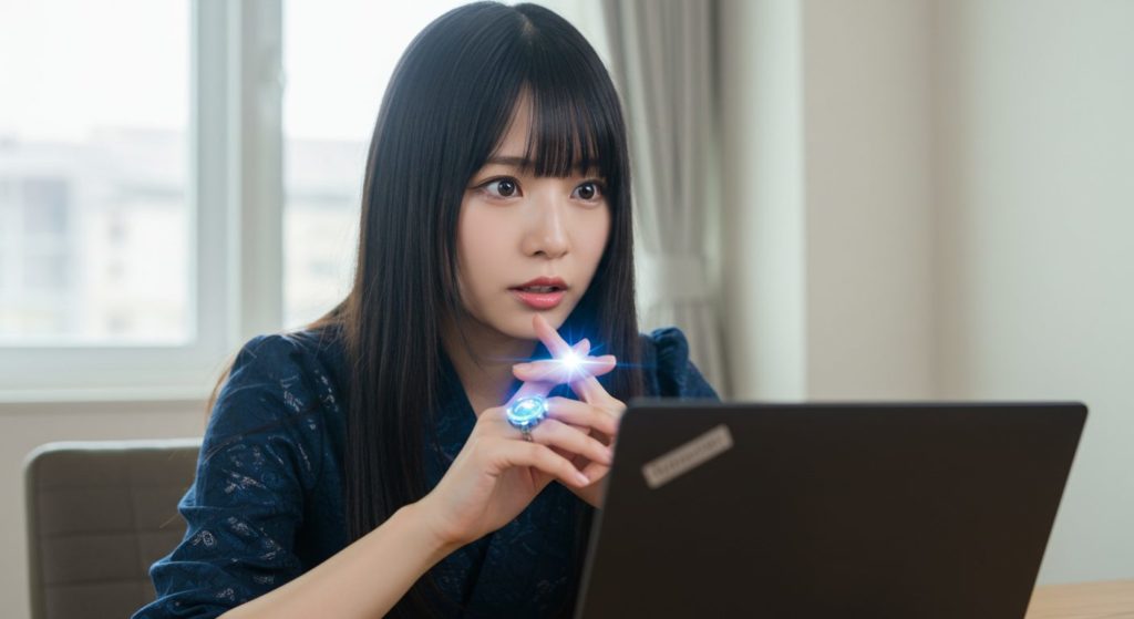 ノートパソコンの前でエナジーリングをつけた指を組み、自信に満ちた表情で未来を見据える日本人女性