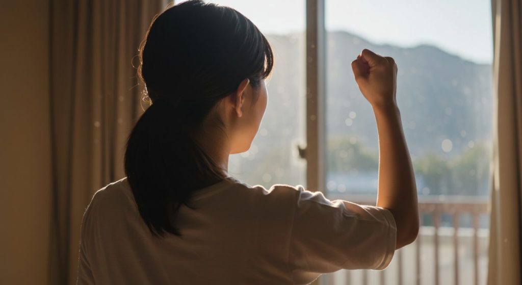 alt属性設定「朝日が差し込む部屋で、エナジーリングが輝く手でガッツポーズをする日本人女性の後ろ姿。成功への決意を象徴している