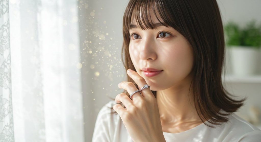 大天使ミカエルのエナジーリングを指にはめて、優しく微笑んでいる日本人女性の手元