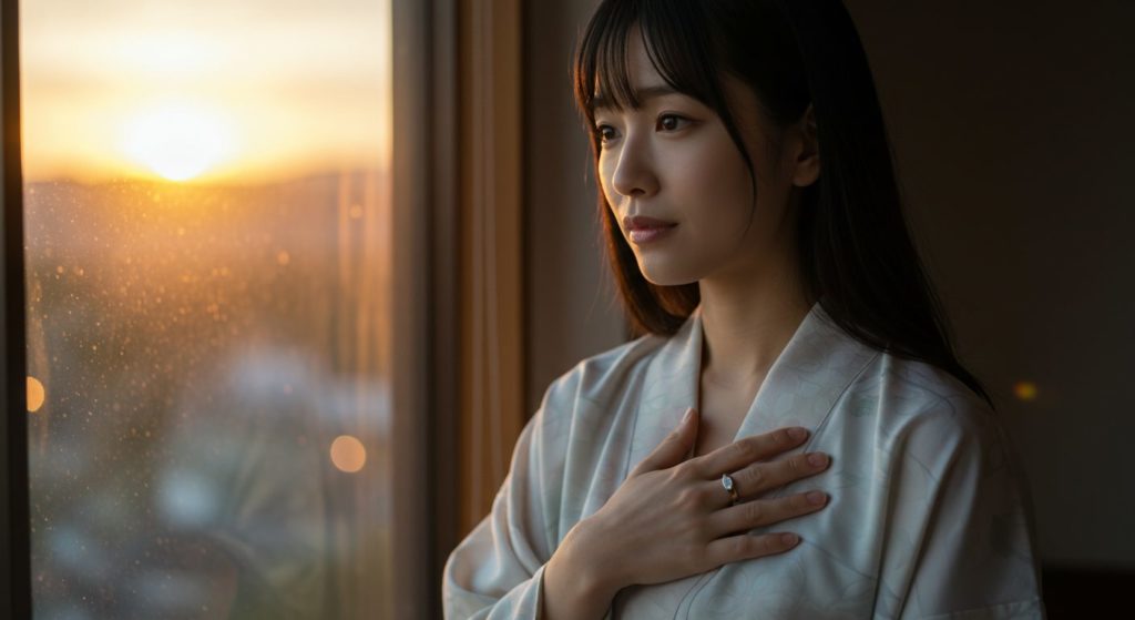 窓辺でエナジーリングをつけた手をそっと胸に当て、安心した表情を浮かべる日本人女性