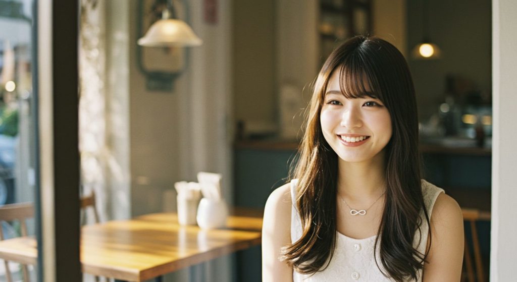幸運のインフィニネックレスを身に着けた日本人女性が、カフェの窓辺で幸せそうに微笑んでいる。柔らかい自然光が差し込み、穏やかで満たされた雰囲気を演出している。