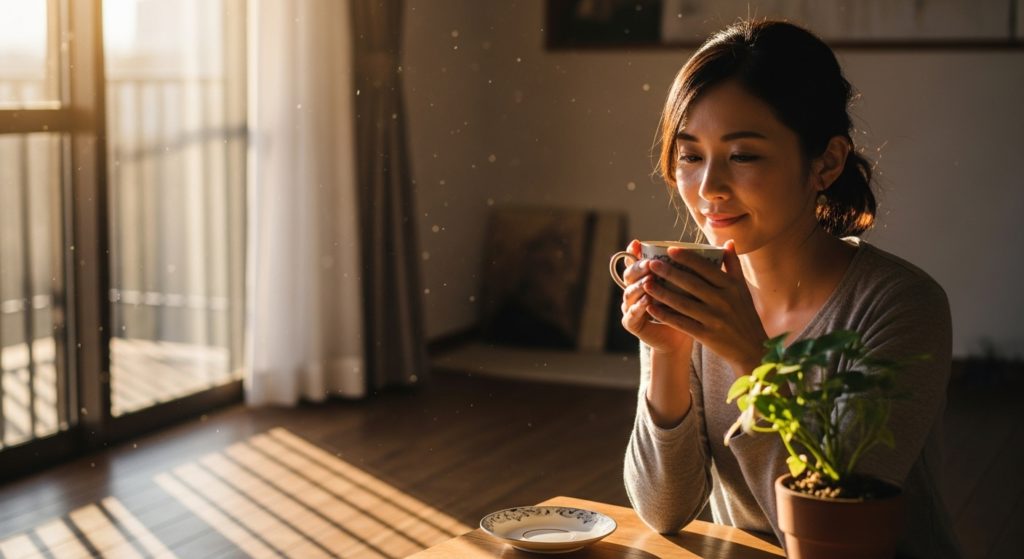 夜明けの光の中で希望を感じる女性